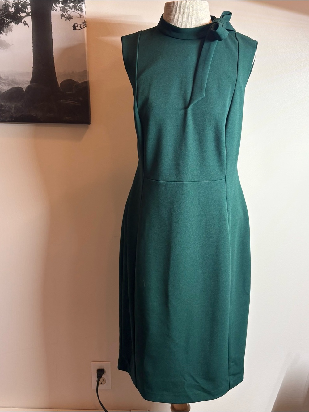 Calvin Klein Sheath Dress with Bow Collar, Hunter Green, Size 12